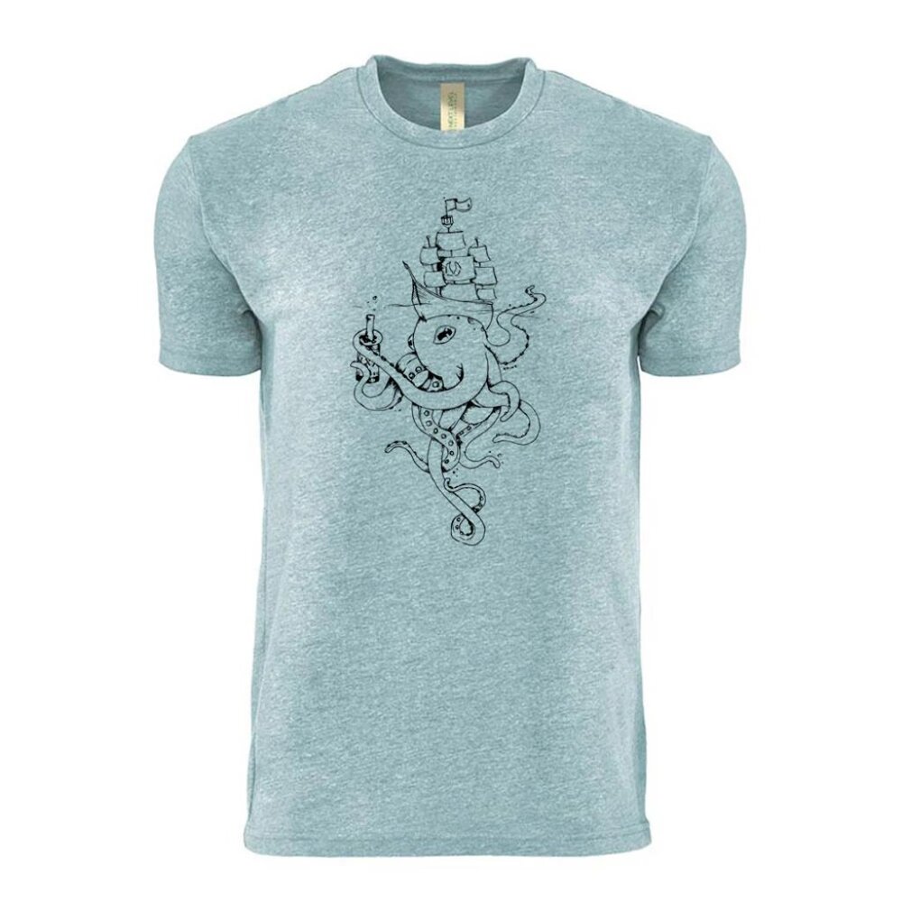 Akinz Hand-Printed Octopus & Ship Design T-Shirt Gray Crew‎ Neck organic tee